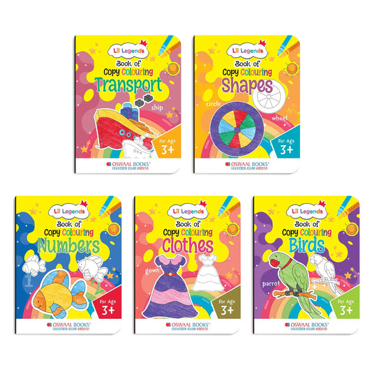 Lil Legends Books of Copy Colouring Set of 5 Books for Kids | Transport, Shapes, Numbers, Clothes and Birds | Fun Activities and Vocabulary Booster | For LKG/UKG | Age 3+ 