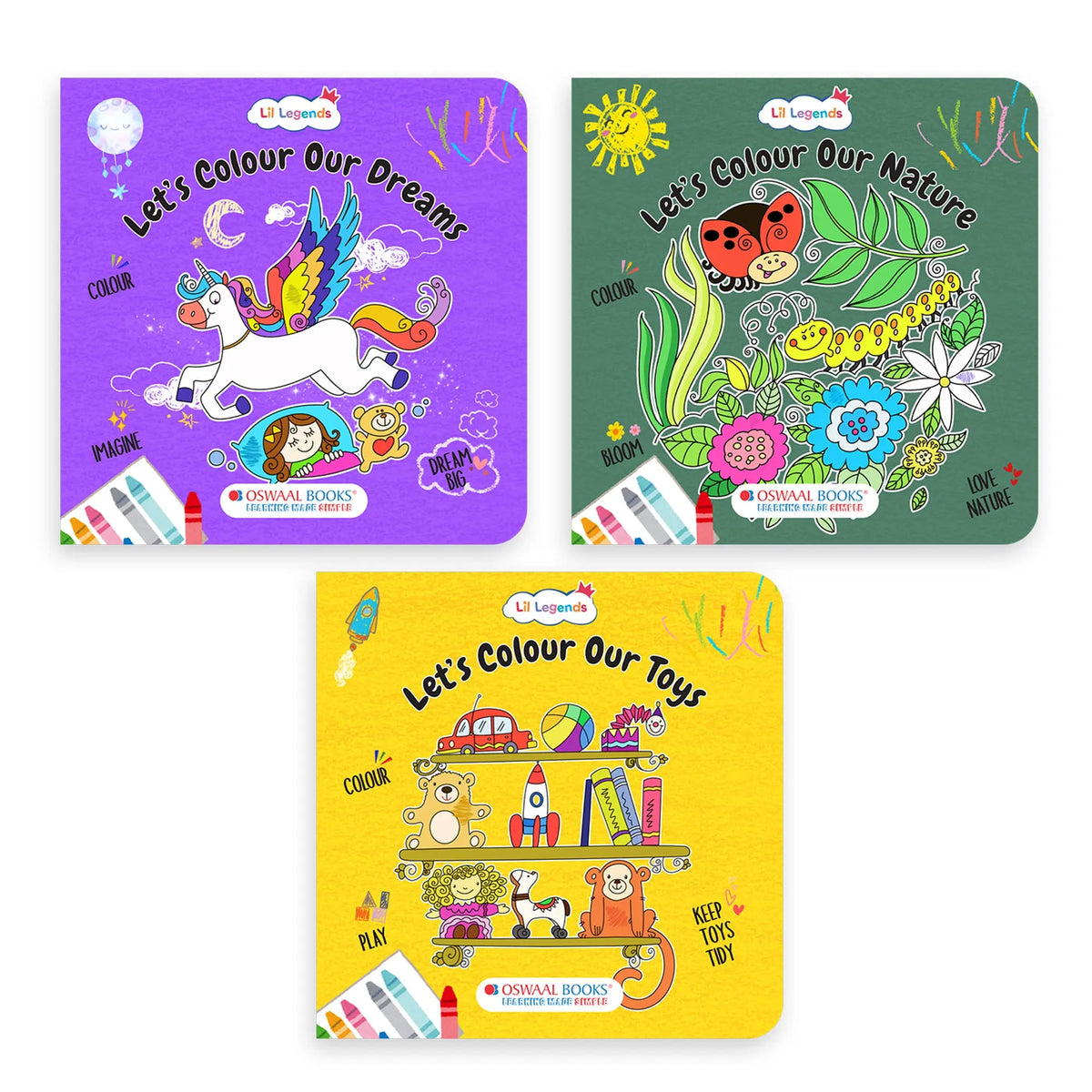 Lil Legends Let's Colour Set of 3 Colouring Books | Toys, Dreams and Nature | Travel-Friendly Hardboard Support | Boosts Focus and Creativity | For UKG/Primary | Age 4+ 