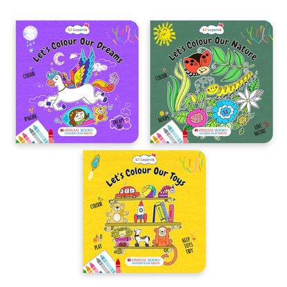 Lil Legends Let's Colour Set of 3 Colouring Books | Toys, Dreams and Nature | Travel-Friendly Hardboard Support | Boosts Focus and Creativity | For UKG/Primary | Age 4+ 