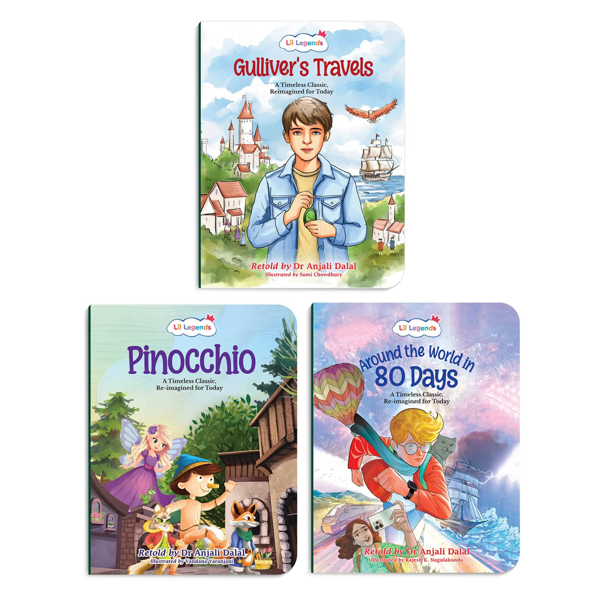Lil Legends Timeless Classics Re-Imagined for Today  | Set of 3 Story Books | Pinocchio, Around the World in 80 Days and More | Vocabulary, Imagination and Value Booster Stories | For Age 7+ 