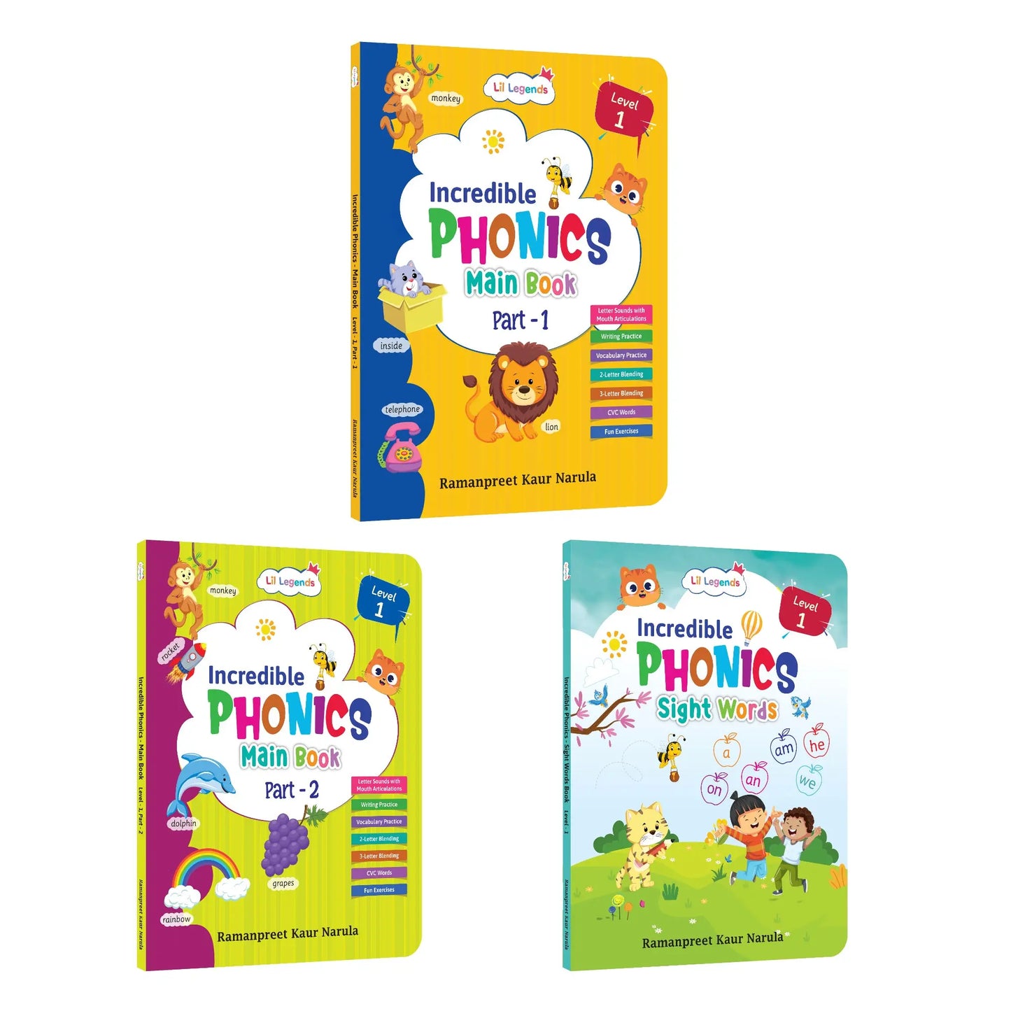 Lil Legends Incredible Phonics Level 1 Main Book Part 1, Part 2 and Sight Words Book | Set of 3 for Age 3-5 Years | Letter Sounds, High Frequency Words and Fun Activities | For Nursery/LKG/UKG 