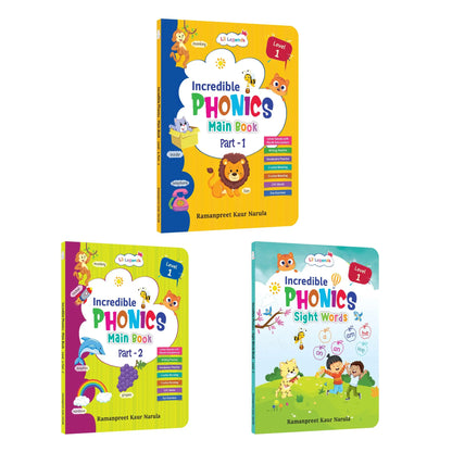 Lil Legends Incredible Phonics Level 1 Main Book Part 1, Part 2 and Sight Words Book | Set of 3 for Age 3-5 Years | Letter Sounds, High Frequency Words and Fun Activities | For Nursery/LKG/UKG 