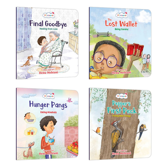 Lil Legends Mindful Moments Series - Pepper's First Peck, Lost Wallet, Hunger Pangs and Final Goodbye | Set of 4 Books for Kids | Illustrated Stories to Build Courage and Resilience | Age 5+ 