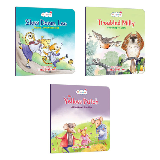 Lil Legends Mindful Moments Series -  Slow Down Leo, Troubled Milly and The Yellow Patch | Set of 3 Books for Kids | Illustrated Stories to Build Concentration and Self Control | Age 5+ 