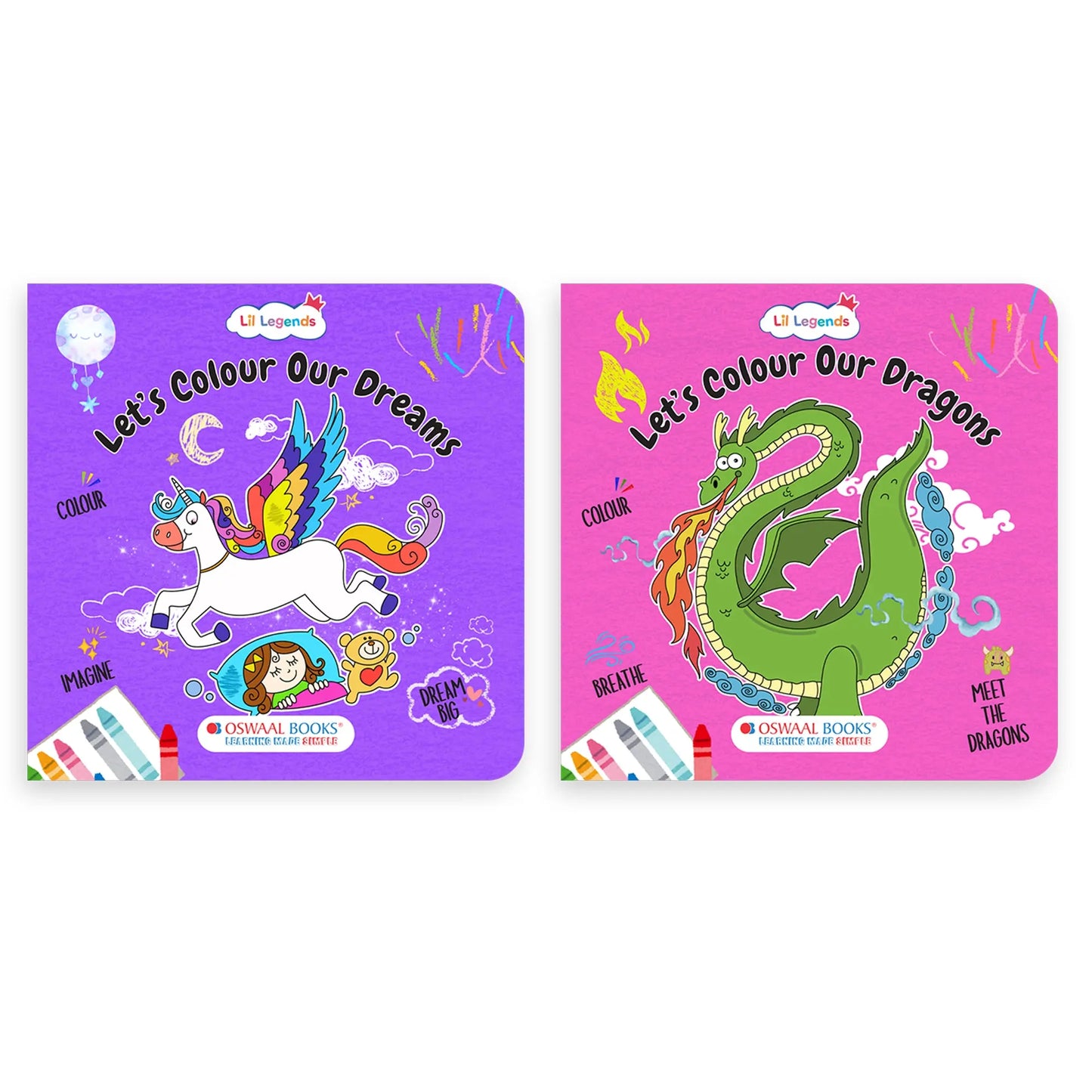 Lil Legends Let's Colour Set of 2 Colouring Books | Dreams and Dragons | Travel-Friendly Hardboard Support | Boosts Focus and Creativity | For UKG/Primary | Age 4+ 