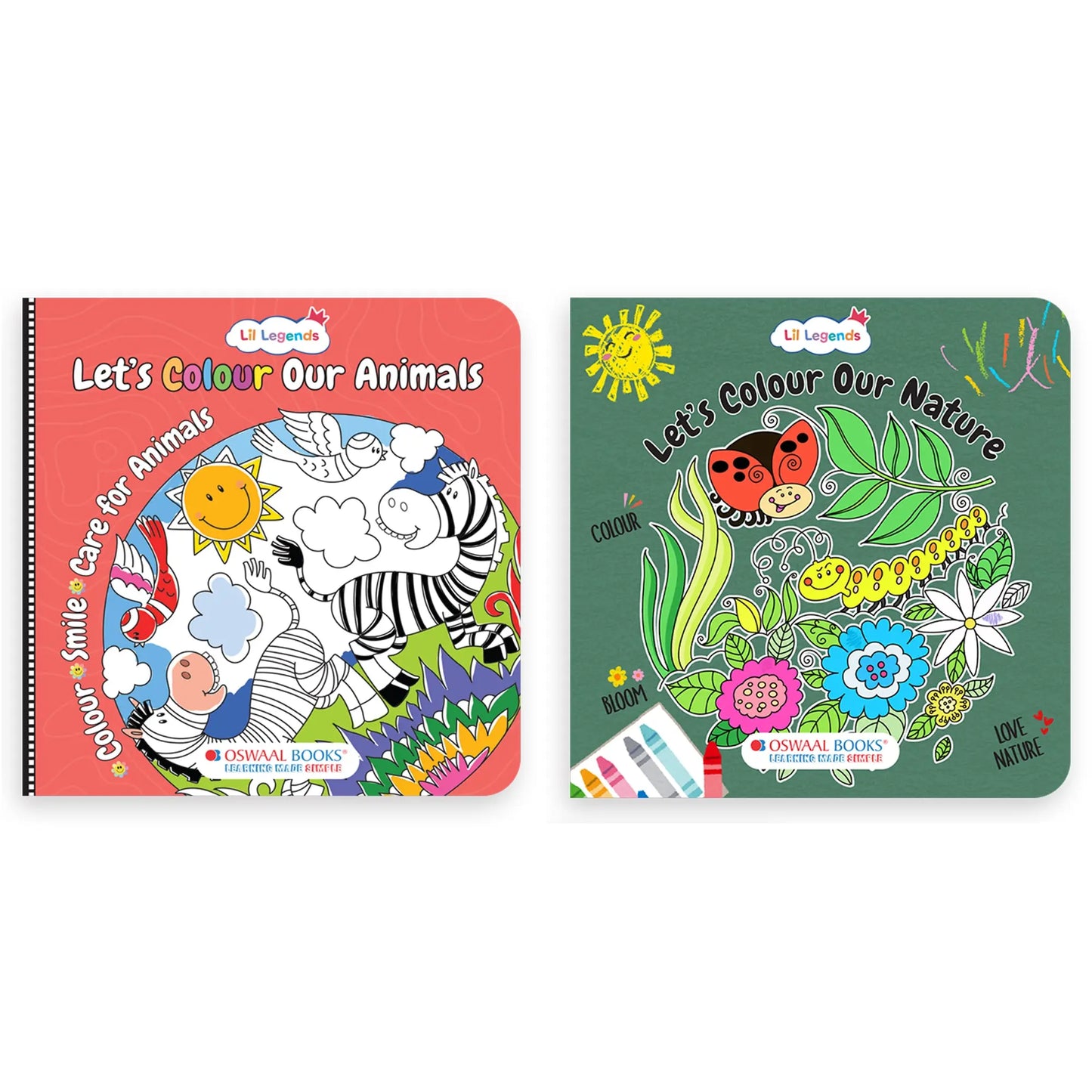 Lil Legends Let's Colour Set of 2 Colouring Books | Animals and Nature | Travel-Friendly Hardboard Support | Boosts Focus and Creativity | For UKG/Primary | Age 4+ 
