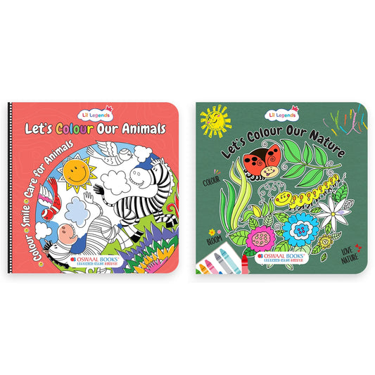 Lil Legends Let's Colour Set of 2 Colouring Books | Animals and Nature | Travel-Friendly Hardboard Support | Boosts Focus and Creativity | For UKG/Primary | Age 4+ 