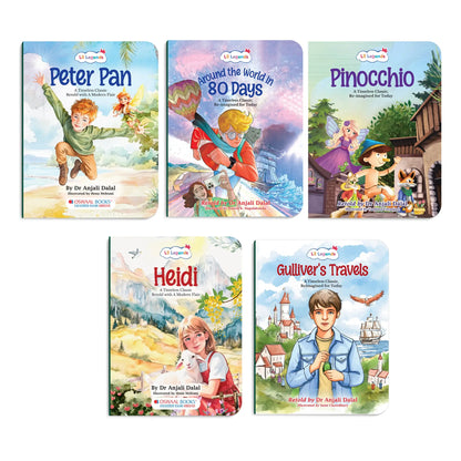 Lil Legends Timeless Classics Re-Imagined for Today | Set of 5 Books | Heidi, Pinocchio, Around the World in 80 Days and More | Vocabulary, Imagination and Value Booster Stories | For Age 7+ 