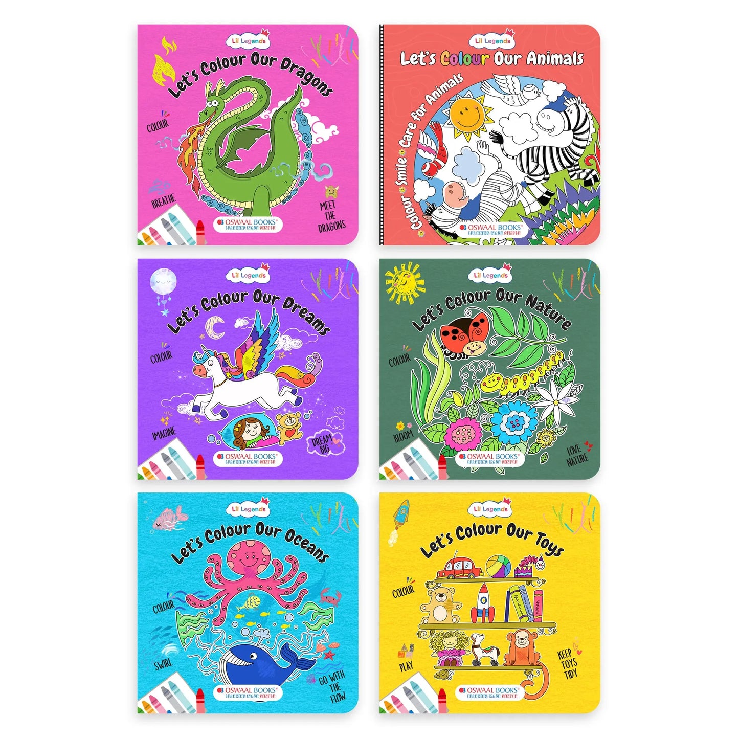 Lil Legends Let's Colour Set of 6 Colouring Books | Animals, Toys, Dreams, Dragons, Nature and Oceans | Travel-Friendly Hardboard Support | For UKG/Primary | Age 4+ 