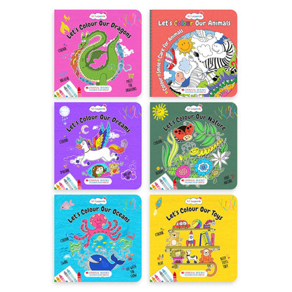 Lil Legends Let's Colour Set of 6 Colouring Books | Animals, Toys, Dreams, Dragons, Nature and Oceans | Travel-Friendly Hardboard Support | For UKG/Primary | Age 4+ 