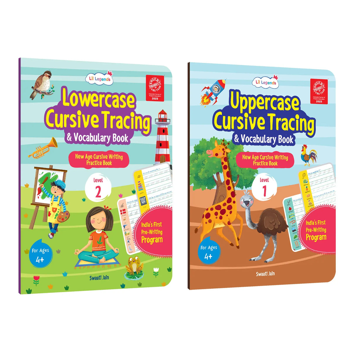 Lil Legends Cursive Writing Starter Pack | Set of 2 Books | Uppercase Level 1 and Lowercase Level 2 | Three Line Handwriting and Vocabulary Practice | For LKG/UKG | Age 4+ 