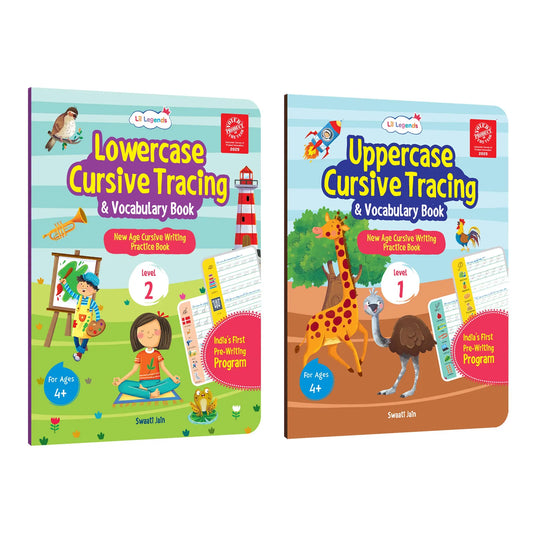 Lil Legends Cursive Writing Starter Pack | Set of 2 Books | Uppercase Level 1 and Lowercase Level 2 | Three Line Handwriting and Vocabulary Practice | For LKG/UKG | Age 4+ 