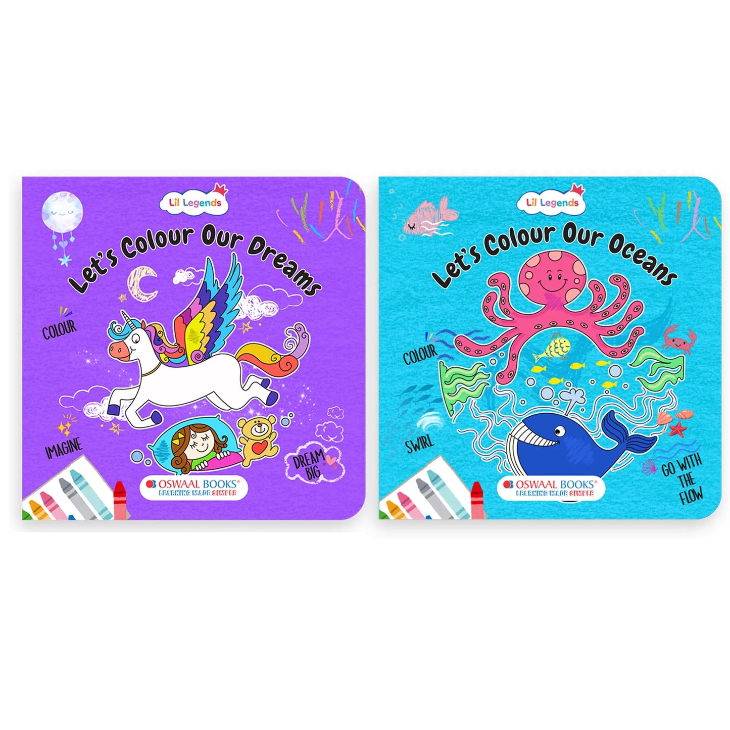 Lil Legends Let's Colour Set of 2 Colouring Books | Dreams and Oceans | Travel-Friendly Hardboard Support | Boosts Focus and Creativity | For UKG/Primary | Age 4+ 