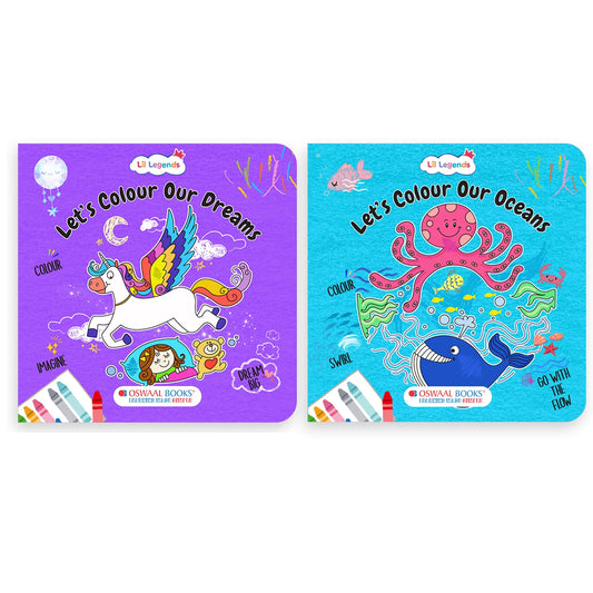 Lil Legends Let's Colour Set of 2 Colouring Books | Dreams and Oceans | Travel-Friendly Hardboard Support | Boosts Focus and Creativity | For UKG/Primary | Age 4+ 