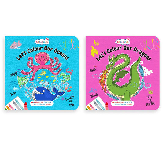 Lil Legends Let's Colour Set of 2 Colouring Books | Oceans and Dragons | Travel-Friendly Hardboard Support | Boosts Focus and Creativity | For UKG/Primary | Age 4+ 