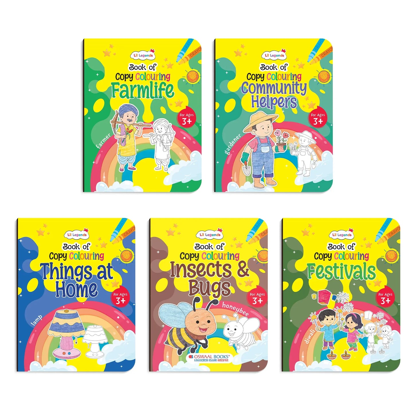 Lil Legends Books Of Copy Colouring Set of 5 Books for Kids | Community Helpers, Festivals, Things at Home and More | Fun Activities and Vocabulary Booster | For LKG/UKG | Age 3+ 