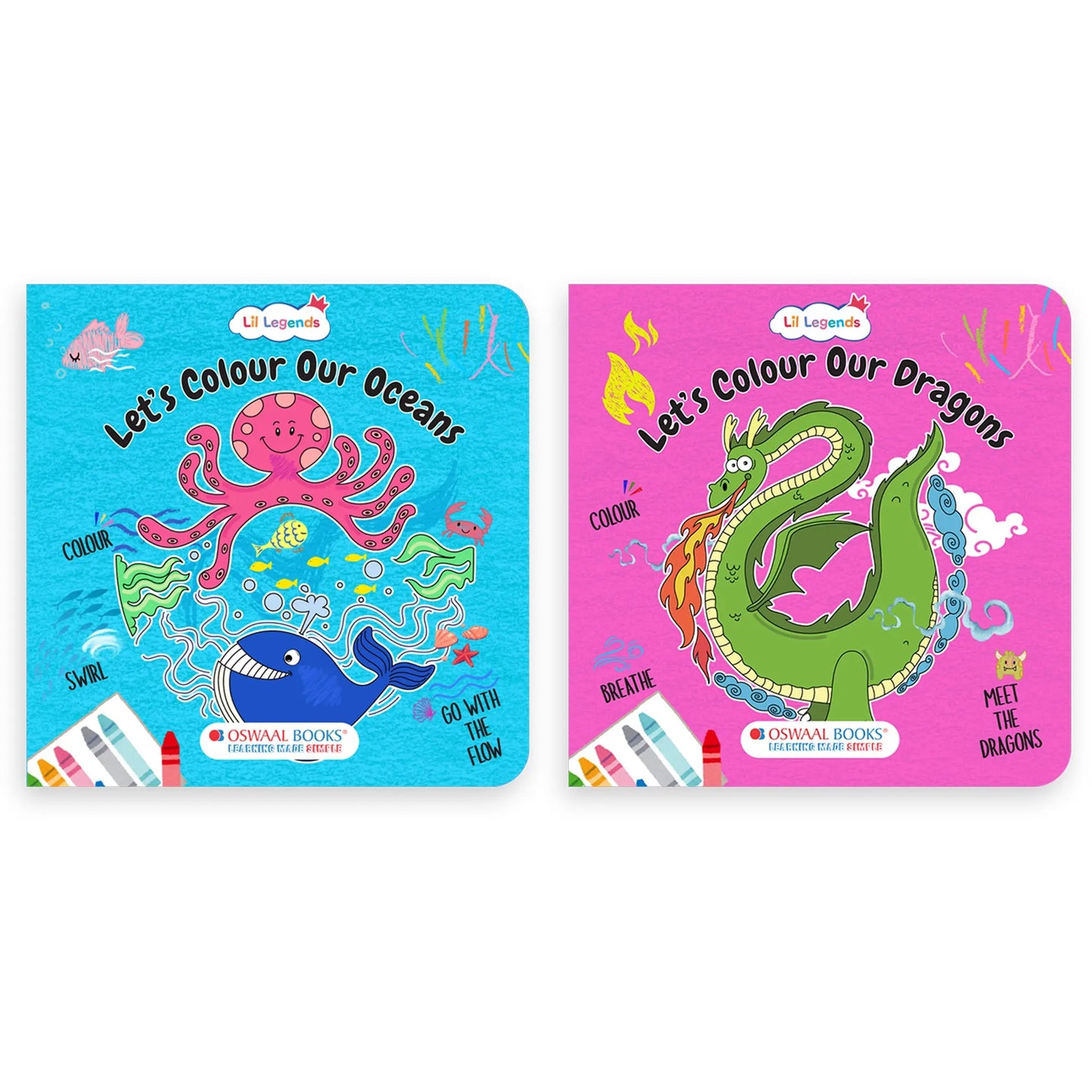Lil Legends Let's Colour Set of 2 Colouring Books | Nature and Dragons | Travel-Friendly Hardboard Support | Boosts Focus and Creativity | For UKG/Primary | Age 4+ 