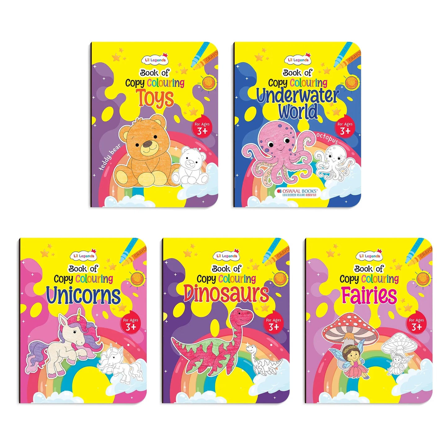 Lil Legends Books Of Copy Colouring Set of 5 Books for Kids | Dinosaurs, Unicorns, Toys, Fairies and Underwater World | Fun Activities and Vocabulary Booster | For LKG/UKG | Age 3+ 