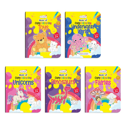Lil Legends Books Of Copy Colouring Set of 5 Books for Kids | Dinosaurs, Unicorns, Toys, Fairies and Underwater World | Fun Activities and Vocabulary Booster | For LKG/UKG | Age 3+ 