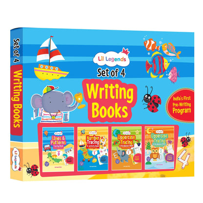 Lil Legends Set of 4 Writing Books Box Set | India's First Pre-Writing Program | Patterns, Numbers and Uppercase Tracing, Activities and Vocabulary | For Nursery/LKG/UKG | Age 2–5 