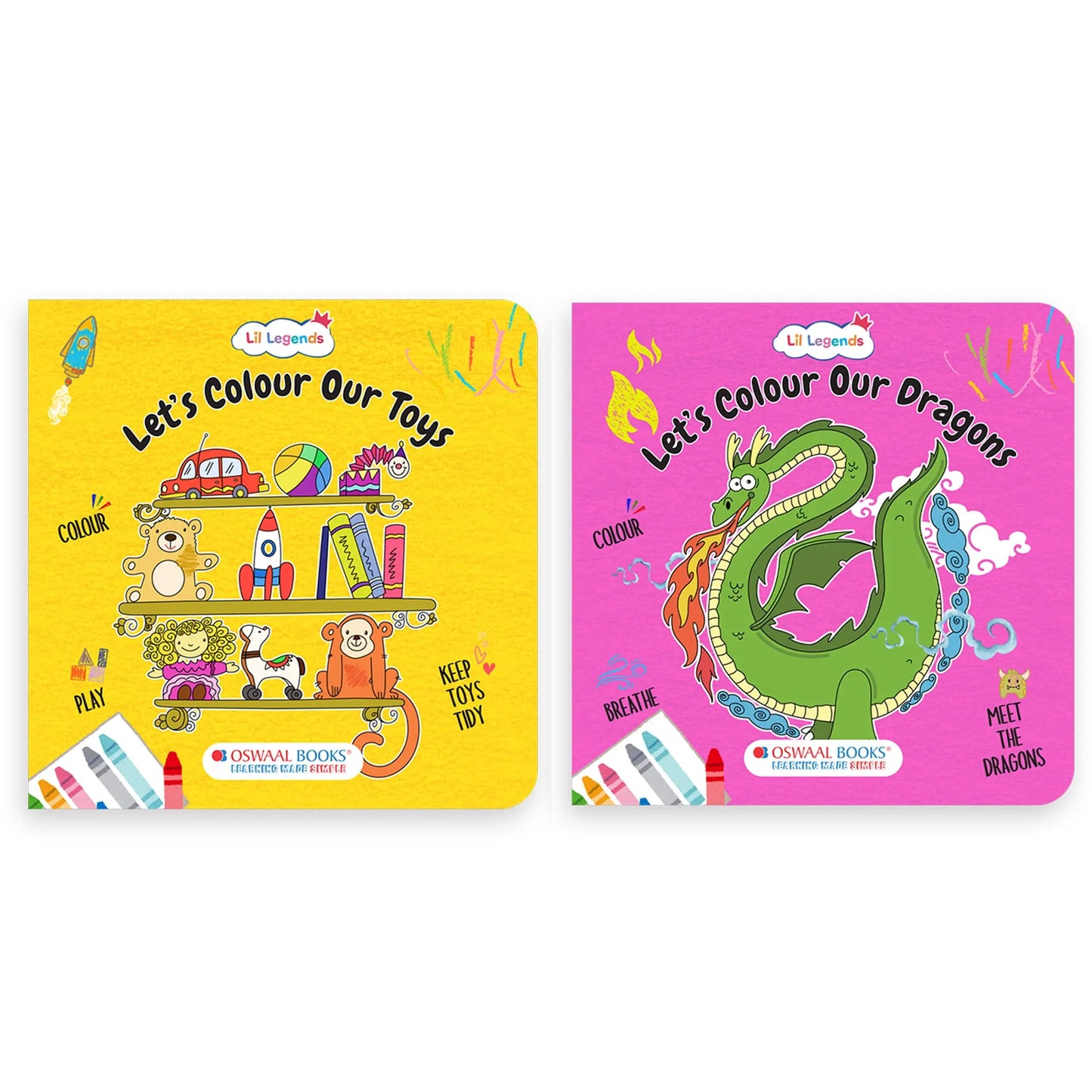 Lil Legends Let's Colour Set of 2 Colouring Books | Toys and Dragons | Travel-Friendly Hardboard Support | Boosts Focus and Creativity | For UKG/Primary | Age 4+ 