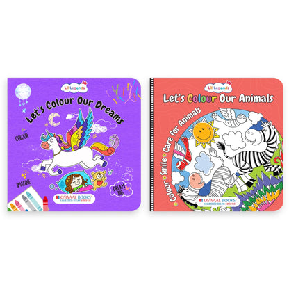 Lil Legends Let's Colour Set of 2 Colouring Books | Animals and Dreams | Travel-Friendly Hardboard Support | Boosts Focus and Creativity | For UKG/Primary | Age 4+ 
