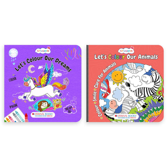 Lil Legends Let's Colour Set of 2 Colouring Books | Animals and Dreams | Travel-Friendly Hardboard Support | Boosts Focus and Creativity | For UKG/Primary | Age 4+ 