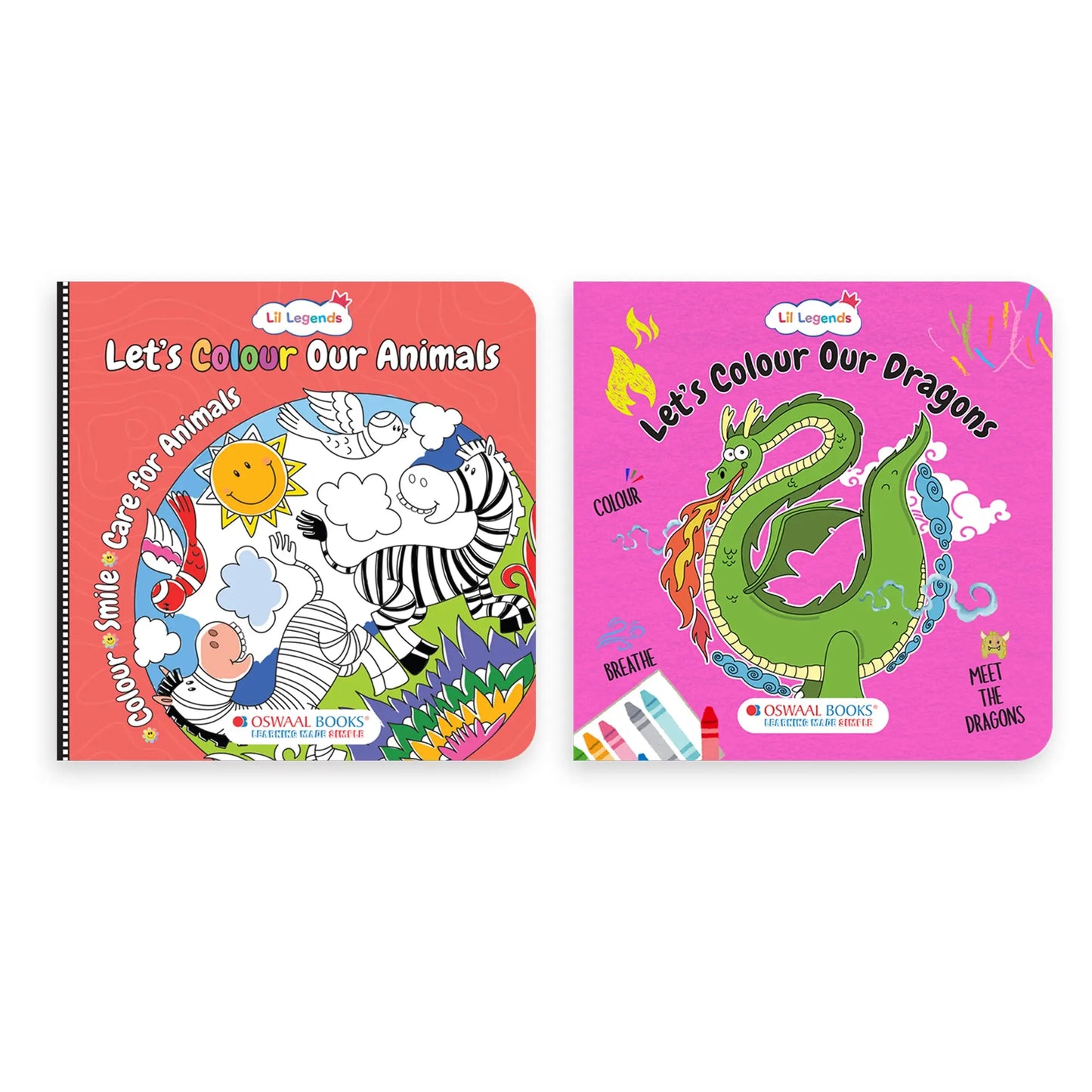 Lil Legends Let's Colour Set of 2 Colouring Books | Animals and Dragons | Travel-Friendly Hardboard Support | Boosts Focus and Creativity | For UKG/Primary | Age 4+ 