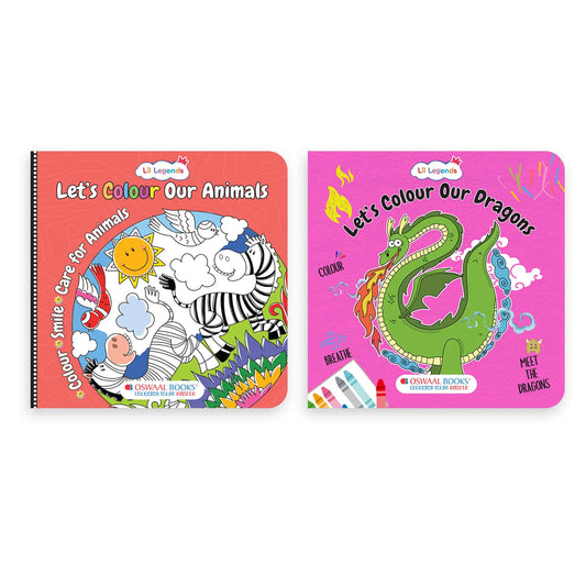 Lil Legends Let's Colour Set of 2 Colouring Books | Animals and Dragons | Travel-Friendly Hardboard Support | Boosts Focus and Creativity | For UKG/Primary | Age 4+ 