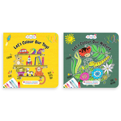 Lil Legends Let's Colour Set of 2 Colouring Books | Toys and Nature | Travel-Friendly Hardboard Support | Boosts Focus and Creativity | For UKG/Primary | Age 4+ 