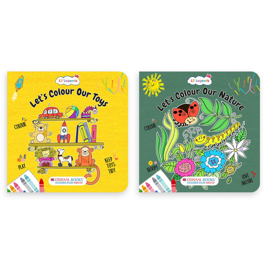 Lil Legends Let's Colour Set of 2 Colouring Books | Toys and Nature | Travel-Friendly Hardboard Support | Boosts Focus and Creativity | For UKG/Primary | Age 4+ 