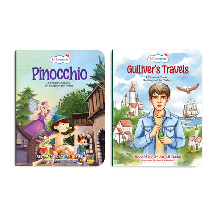 Lil Legends Timeless Classics Re-Imagined for Today | Set of 2 Illustrated Story Books | Pinocchio and Gulliver's Travels | Vocabulary, Imagination and Value Booster Stories | For Age 7+ 