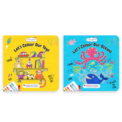 Lil Legends Let's Colour Set of 2 Colouring Books | Toys and Oceans | Travel-Friendly Hardboard Support | Boosts Focus and Creativity | For UKG/Primary | Age 4+ 