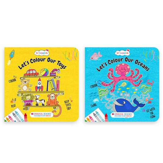 Lil Legends Let's Colour Set of 2 Colouring Books | Toys and Oceans | Travel-Friendly Hardboard Support | Boosts Focus and Creativity | For UKG/Primary | Age 4+ 