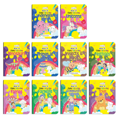 Lil Legends Books Of Copy Colouring Set of 10 Books for Kids | Dinosaurs, Unicorns, Festivals, Community Helpers and More | Fun Activities and Vocabulary Booster | For LKG/UK | Age 3+ 
