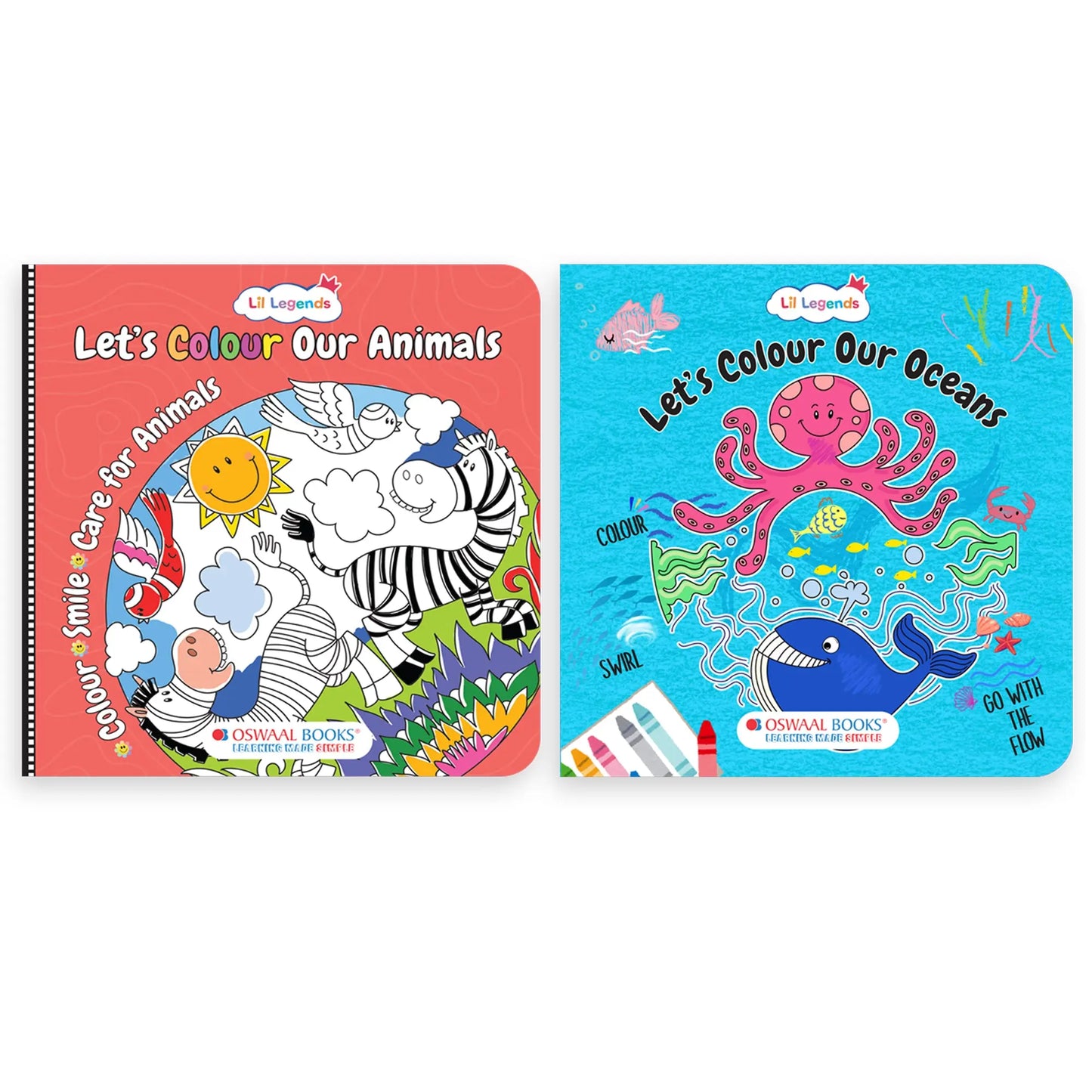 Lil Legends Let's Colour Set of 2 Colouring Books | Animals and Ocean | Travel-Friendly Hardboard Support | Boosts Focus and Creativity | For UKG/Primary | Age 4+ 