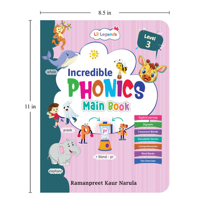 Lil Legends Incredible Phonics Level 3 Main Book and Sight Words Book | Set of 2 Books for Age 5-7 Years | Digraphs, Consonant Blends, High Frequency Words and Activities | For Class 1 and 2 