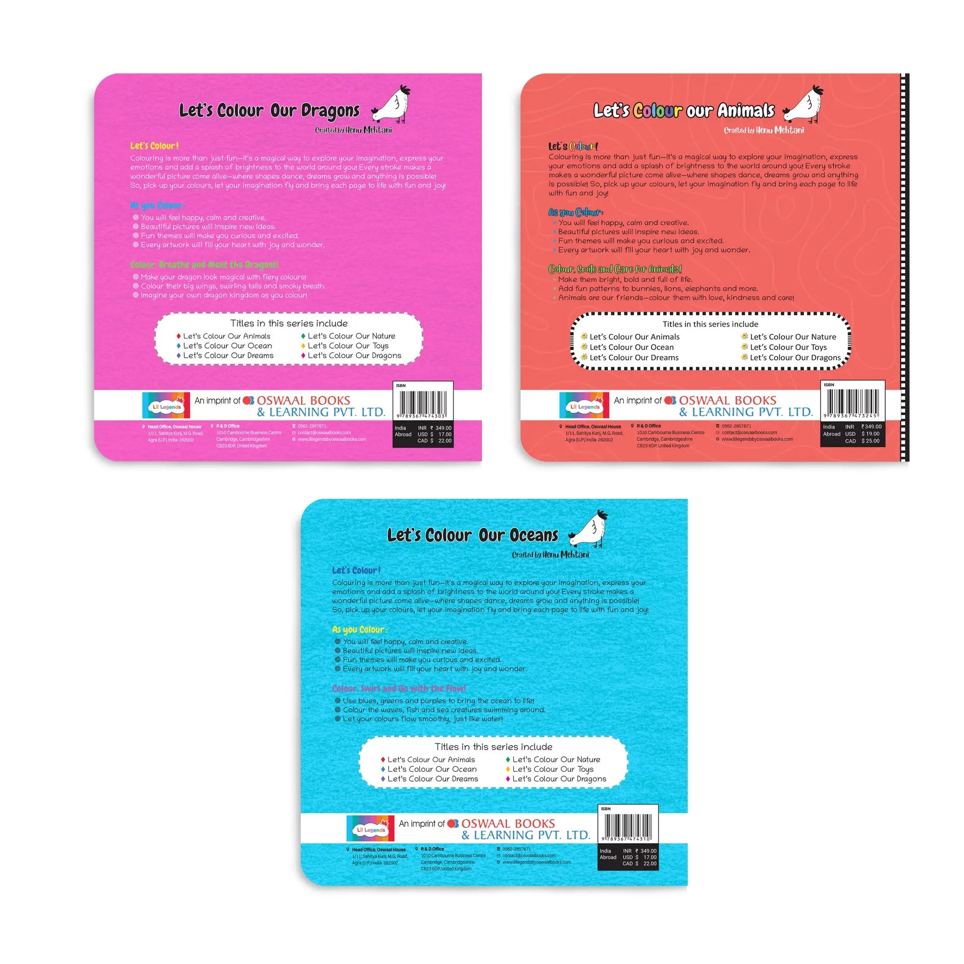 Lil Legends Let's Colour Set of 3 Colouring Books | Animals, Oceans and Dragons | Travel-Friendly Hardboard Support | Boosts Focus and Creativity | For UKG/Primary | Age 4+ 
