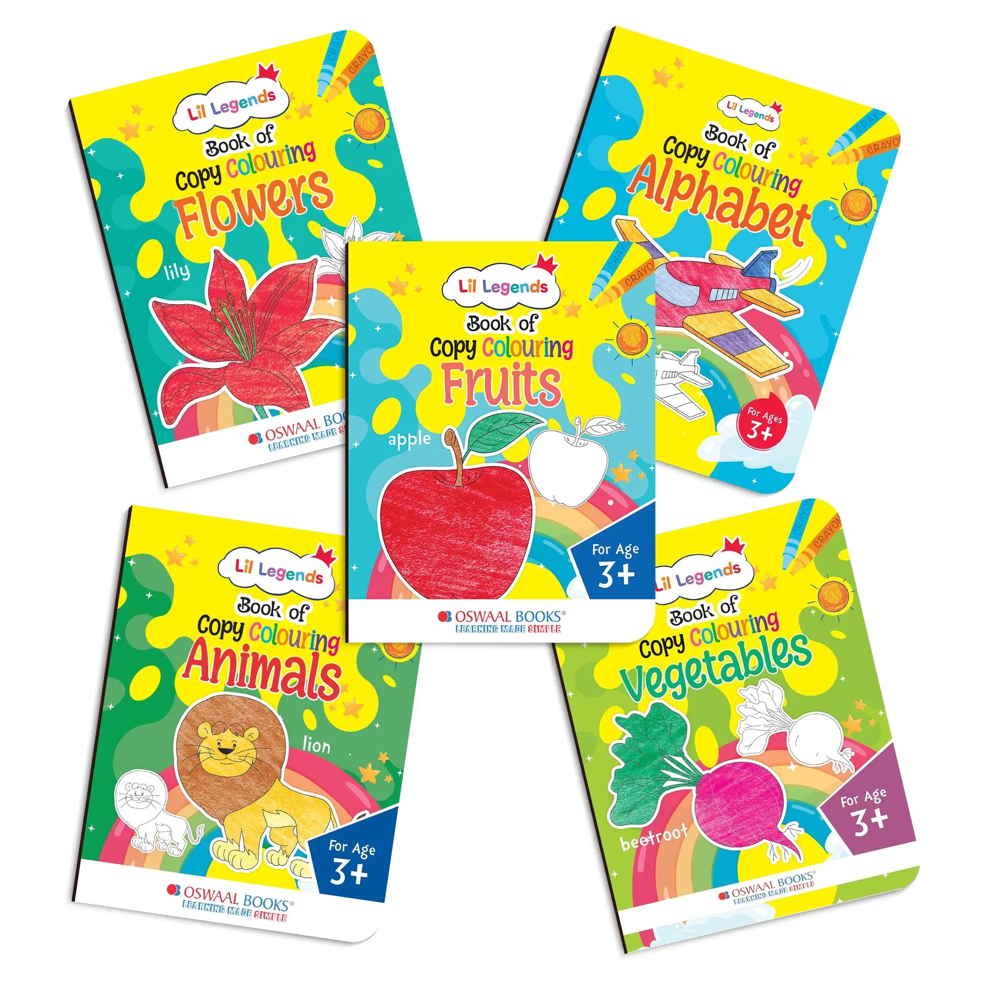 Lil Legends Books of Copy Colouring Set of 5 Books for  Kids | Animals, Alphabets, Vegetables, Flowers and Fruits | Fun Activities and Vocabulary Booster for Kids | For LKG/UKG |  Age 3+ 