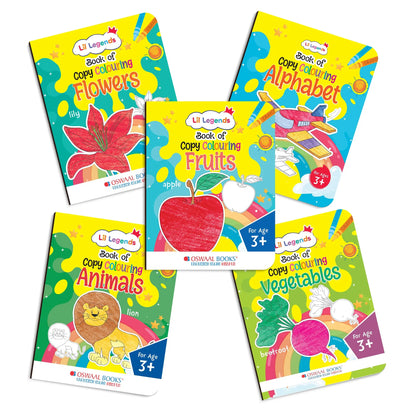 Lil Legends Books of Copy Colouring Set of 5 Books for  Kids | Animals, Alphabets, Vegetables, Flowers and Fruits | Fun Activities and Vocabulary Booster for Kids | For LKG/UKG |  Age 3+ 