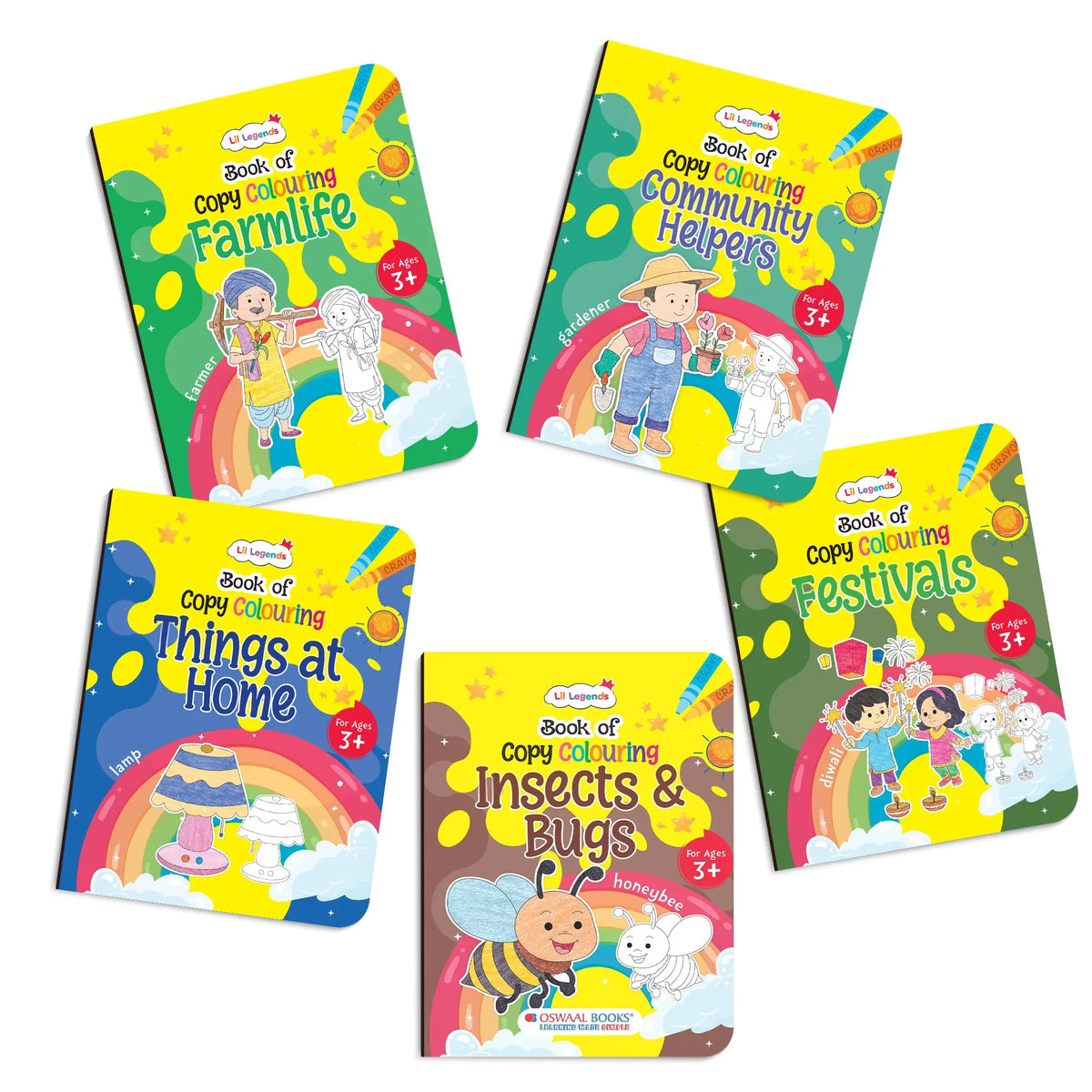 Lil Legends Books Of Copy Colouring Set of 5 Books for Kids | Community Helpers, Festivals, Things at Home and More | Fun Activities and Vocabulary Booster | For LKG/UKG | Age 3+ 