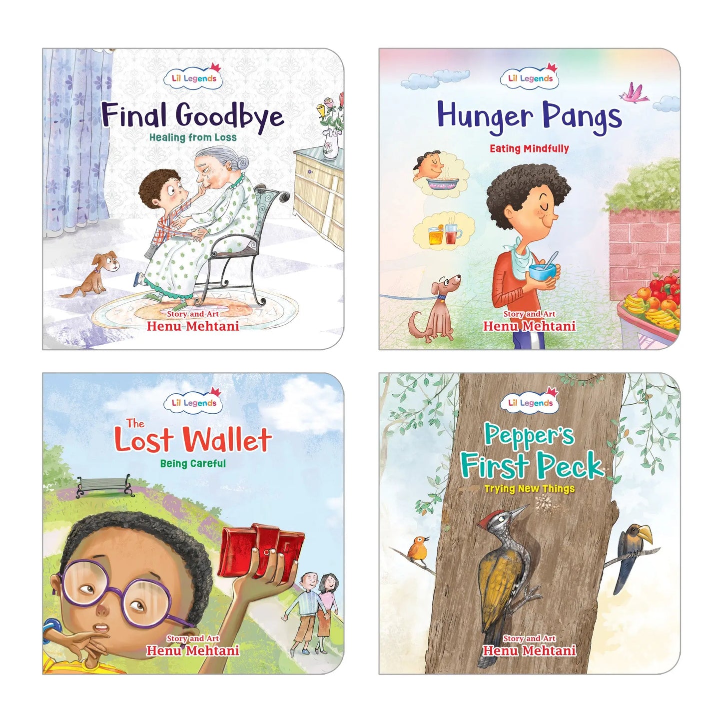 Lil Legends Mindful Moments Series - Pepper's First Peck, Lost Wallet, Hunger Pangs and Final Goodbye | Set of 4 Books for Kids | Illustrated Stories to Build Courage and Resilience | Age 5+ 