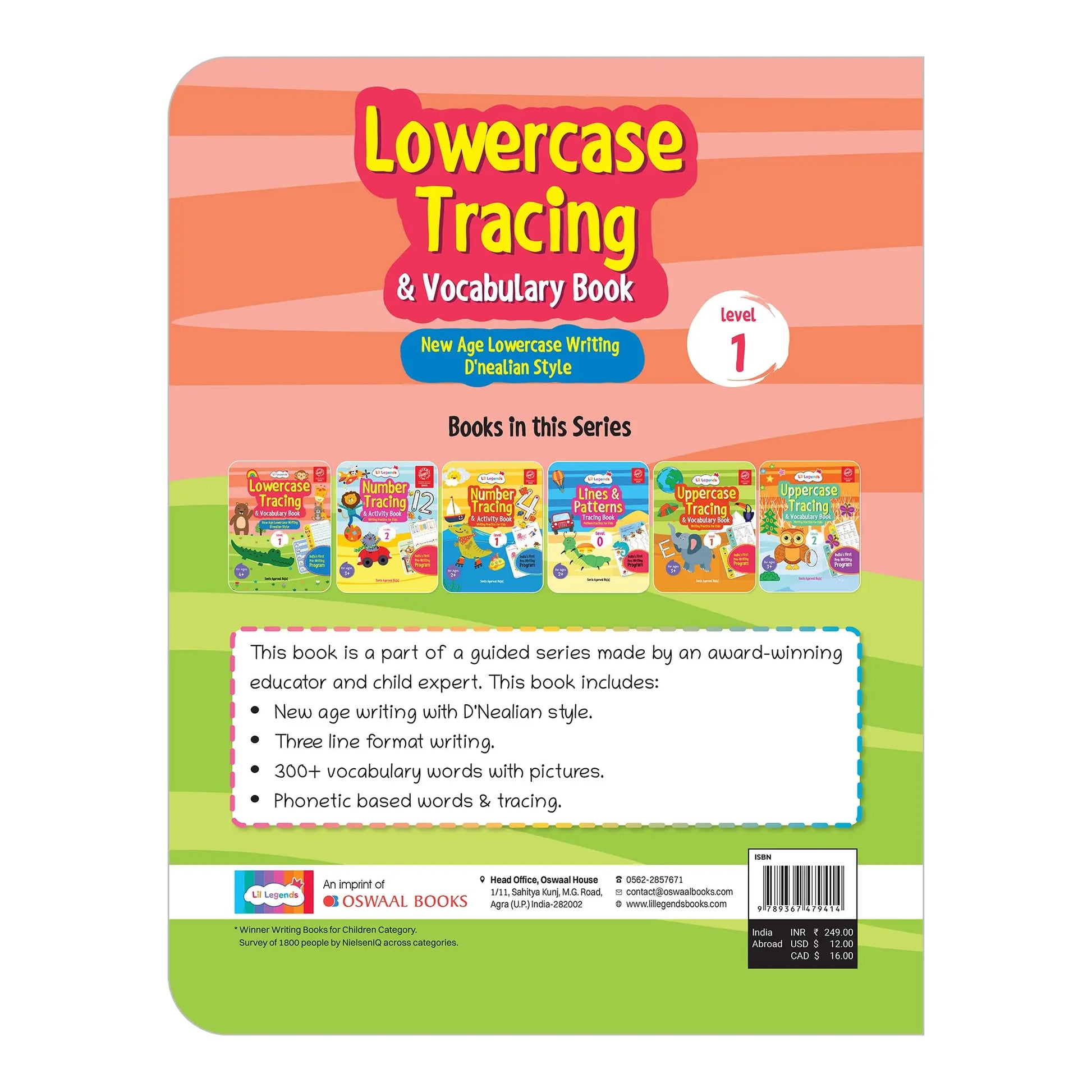 Lil Legends Writing Books Lowercase Tracing and Vocabulary Book Level | 1 New Age Lowercase Writing D'Nealian Style |  Small Letters Practise Workbook | For LKG/UKG | Age 4+ 