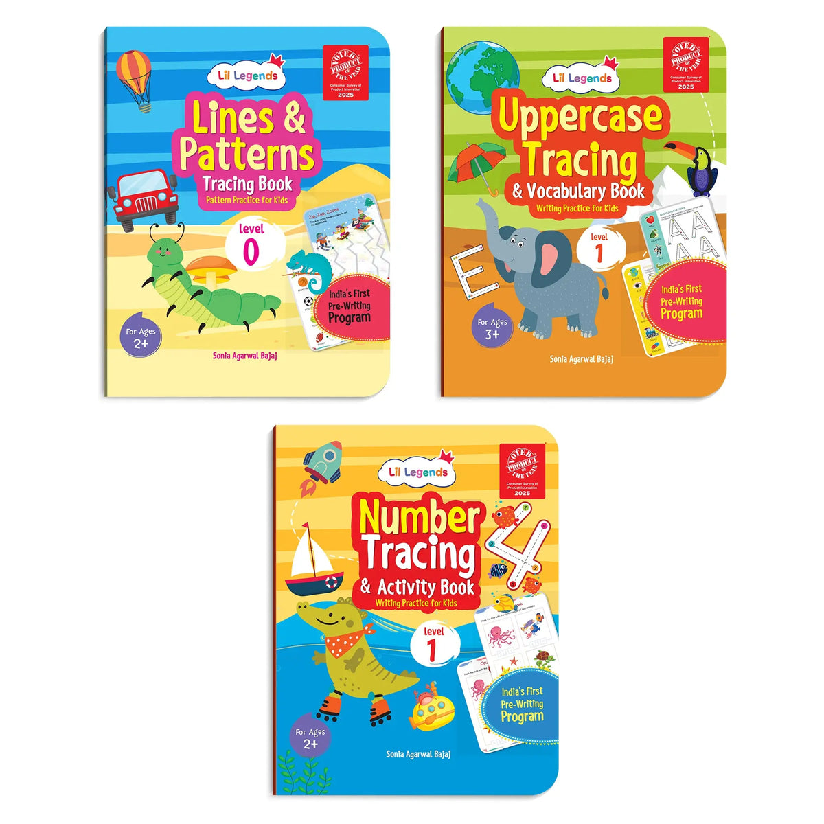 Lil Legends Early Writing Readiness | Set of 3 Books | Lines and Patterns + Number Tracing + Uppercase Tracing and Vocabulary | India's First Pre-Writing Programme | Age 2-5 