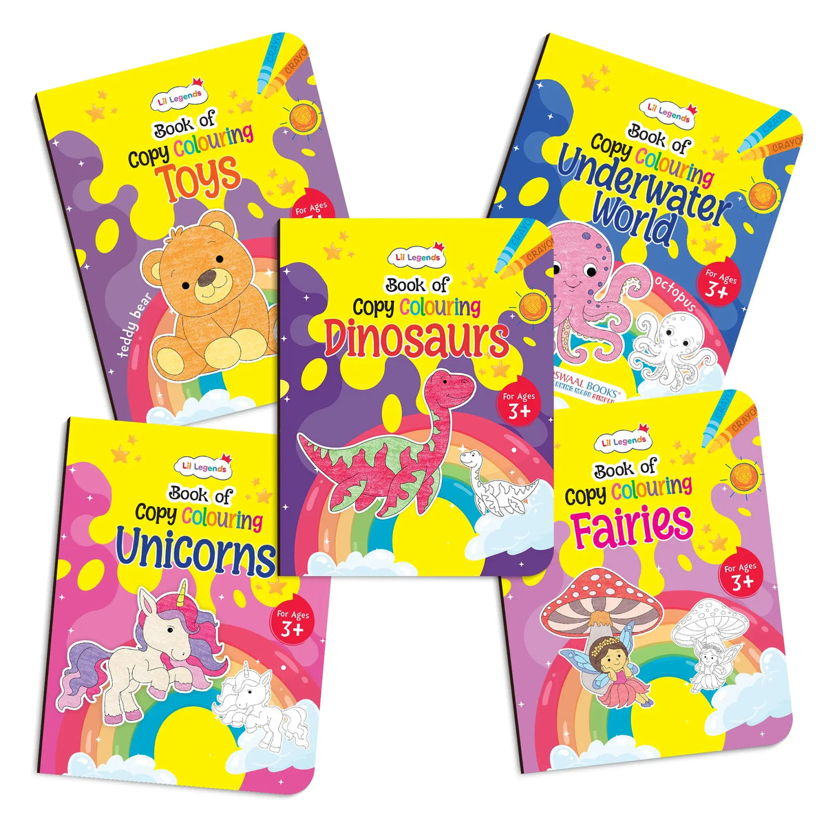 Lil Legends Books Of Copy Colouring Set of 5 Books for Kids | Dinosaurs, Unicorns, Toys, Fairies and Underwater World | Fun Activities and Vocabulary Booster | For LKG/UKG | Age 3+ 