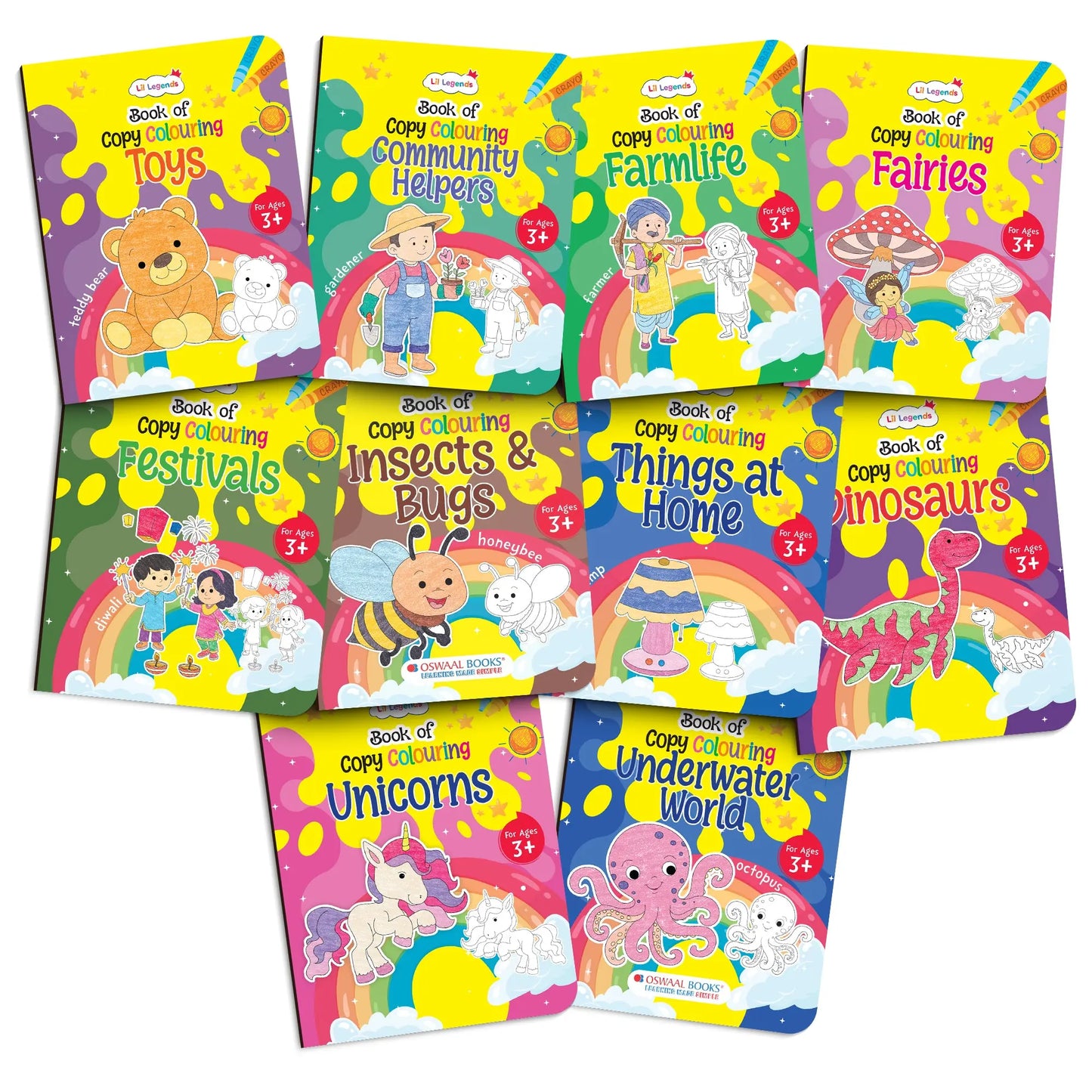 Lil Legends Books Of Copy Colouring Set of 10 Books for Kids | Dinosaurs, Unicorns, Festivals, Community Helpers and More | Fun Activities and Vocabulary Booster | For LKG/UK | Age 3+ 