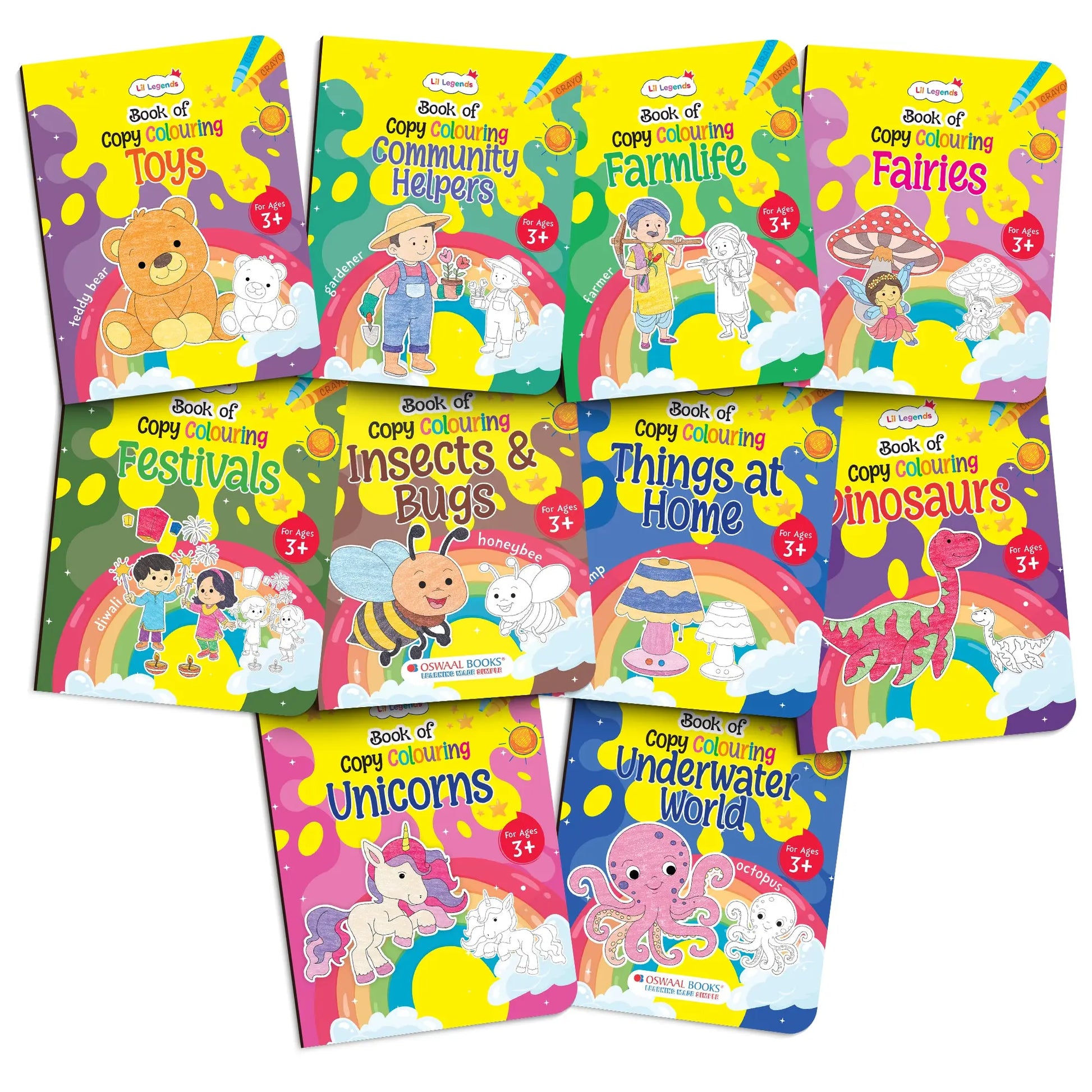 Lil Legends Books Of Copy Colouring Set of 10 Books for Kids | Dinosaurs, Unicorns, Festivals, Community Helpers and More | Fun Activities and Vocabulary Booster | For LKG/UK | Age 3+ 
