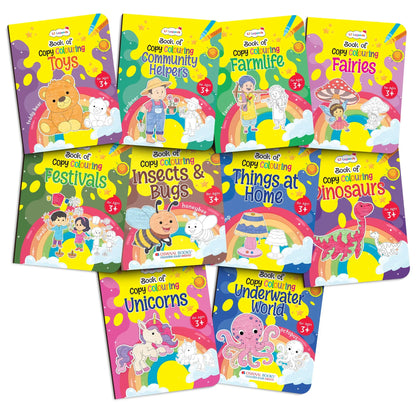 Lil Legends Books Of Copy Colouring Set of 10 Books for Kids | Dinosaurs, Unicorns, Festivals, Community Helpers and More | Fun Activities and Vocabulary Booster | For LKG/UK | Age 3+ 