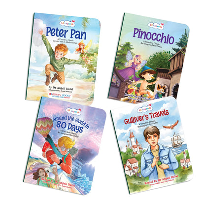 Lil Legends Timeless Classics Re-Imagined  for Today | Set of 4 Story Books | Pinocchio, Peter Pan, Gulliver's Travels and More |  Vocabulary, Imagination and Values Booster Stories | For Age 7+ 