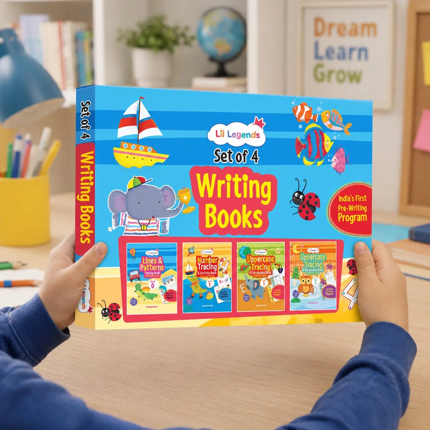 Lil Legends Set of 4 Writing Books Box Set | India's First Pre-Writing Program | Patterns, Numbers and Uppercase Tracing, Activities and Vocabulary | For Nursery/LKG/UKG | Age 2–5 